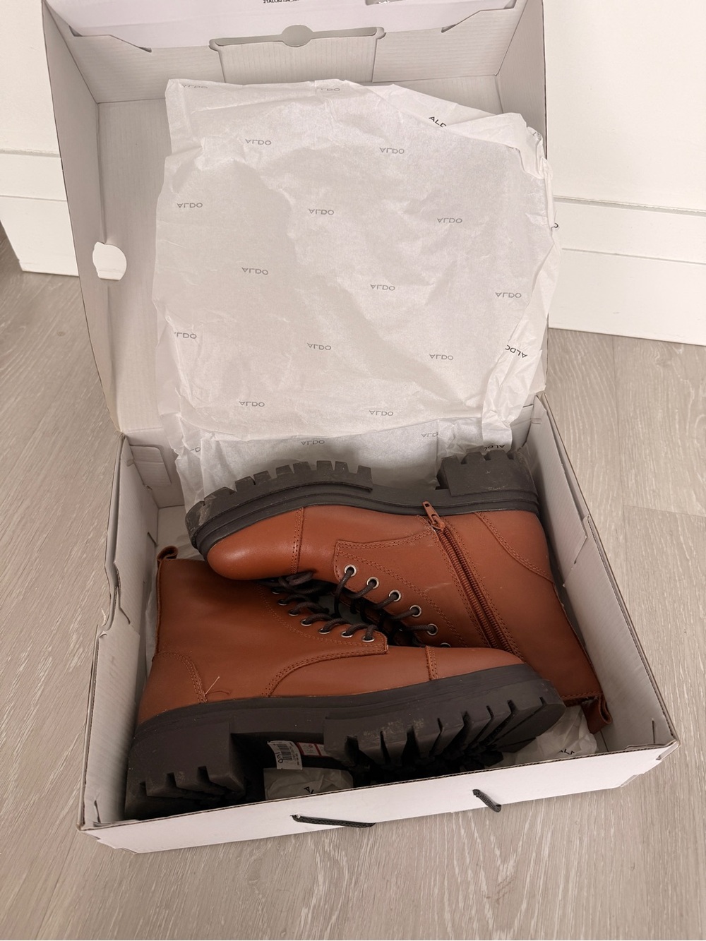 Aldo Tan Lace-up Combat Boots with Dark Brown Lug Soles - Picture 3 of 5